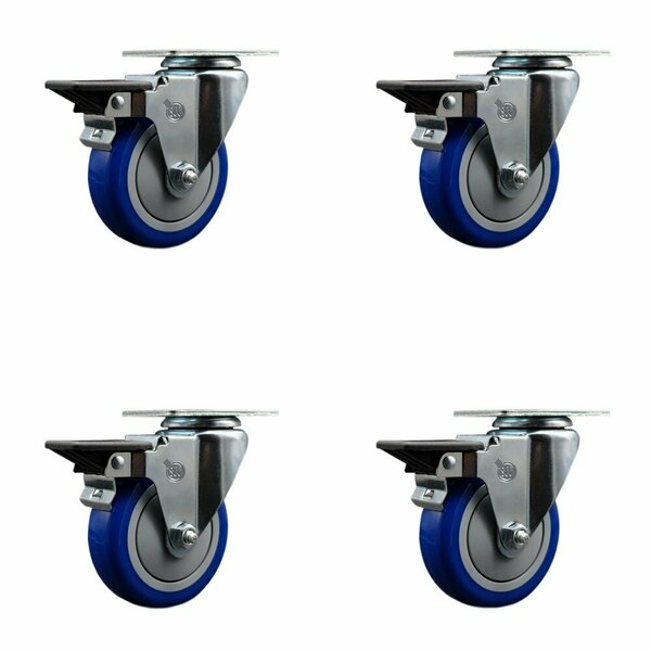 Service Caster 4'' Blue Poly Wheel Swivel Top Plate Caster Set Posi Brake, 4PK SCC-20S414-PPUB-BLUE-PLB-4